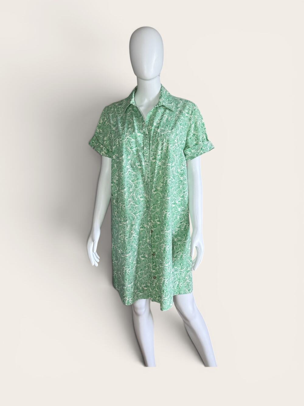 Green Paisley Shirt Midi Dress Button Front Short Sleeve